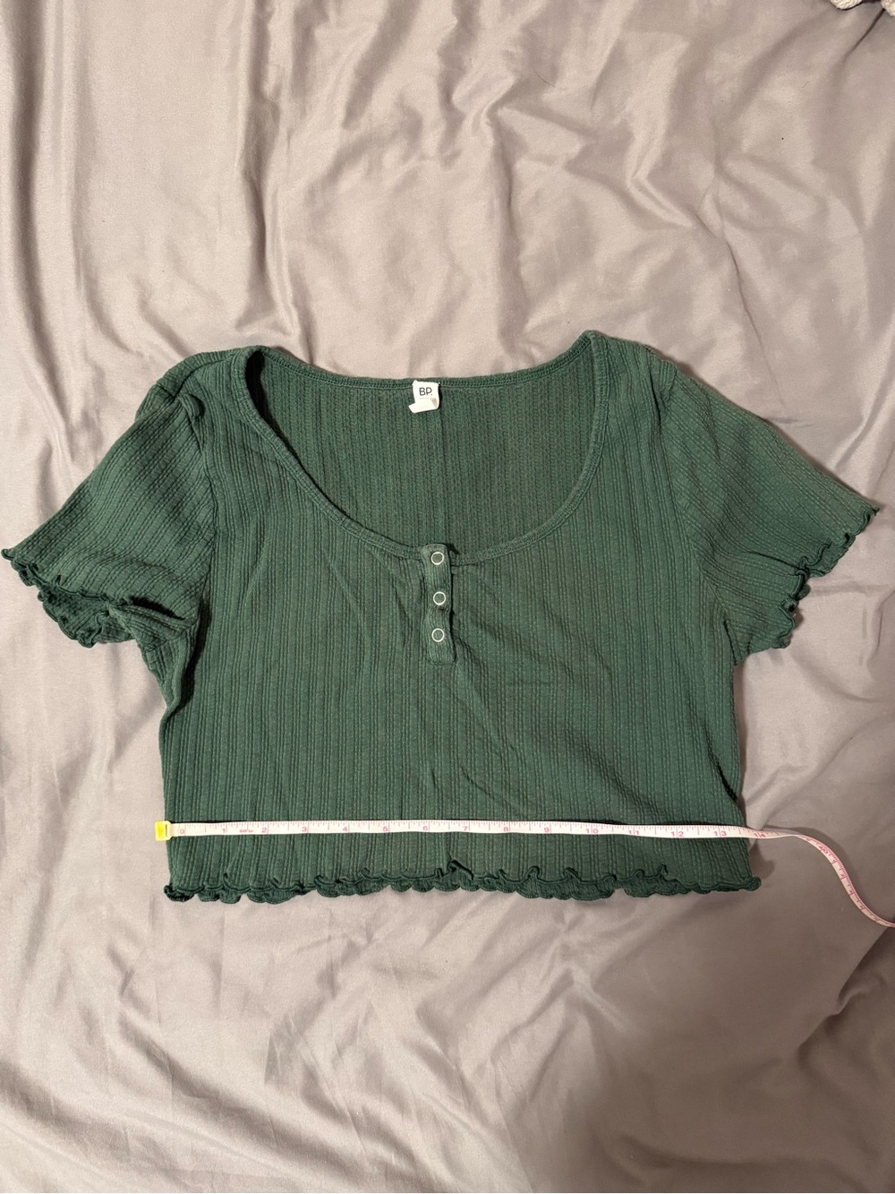 bp Dark Green Ribbed Scoop Neck Crop Top with Button Front